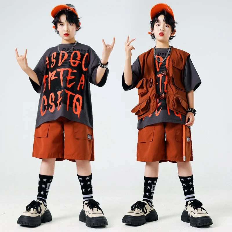 Jazz Dance Stage เครื่องแต่งกายเด็กเสื้อผ้าเสื้อ Hip Hop สีน้ําตาล Shuffle กางเกง Cool Streetwear ชายหญิง Street Dance เสื้อผ้า 1419