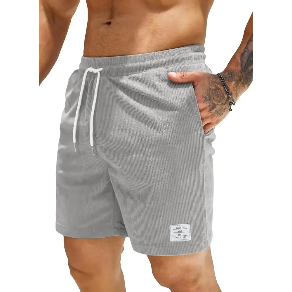 Men's Corduroy Shorts Casual Elastic Waist Drawstring Lightweight Summer Beach Shorts
