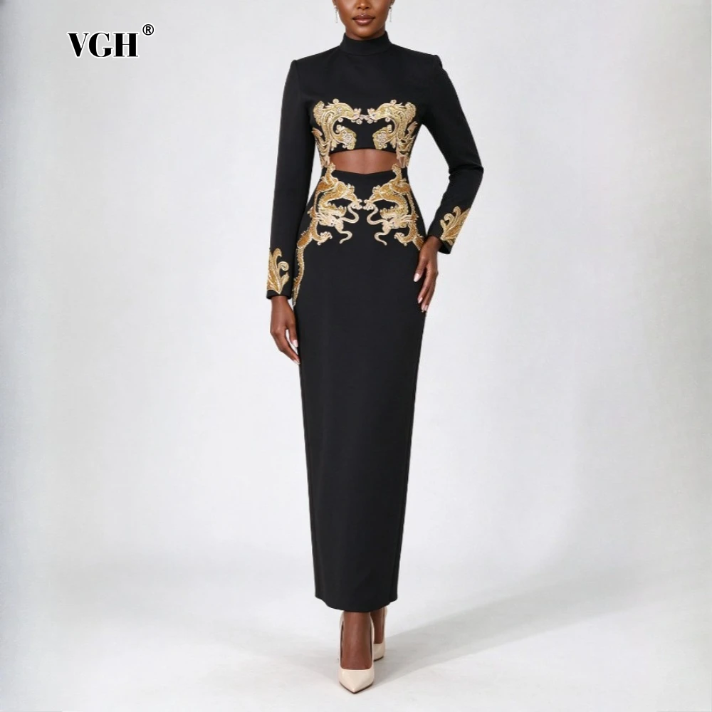 VGH Luxe Embroidery Women Dresses Stand Collar Long Sleeve Sequin Fit Dress for Banquet Evening Party Wear Fashion Autumn New