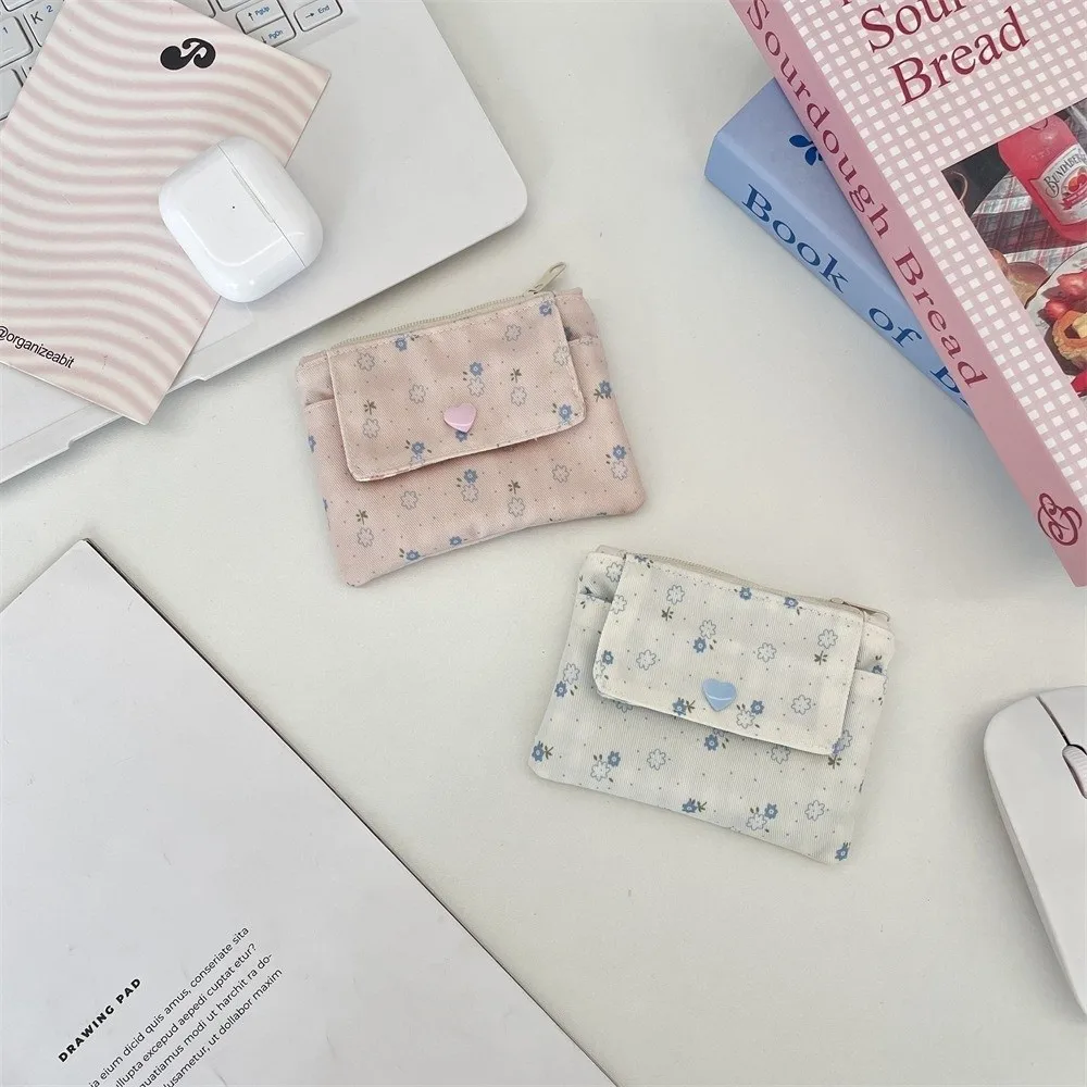 Portable Zipper Closure Coin Purse Double Layer Multifunctional Mini Wallets Floral Pattern Credit Card Storage Bag