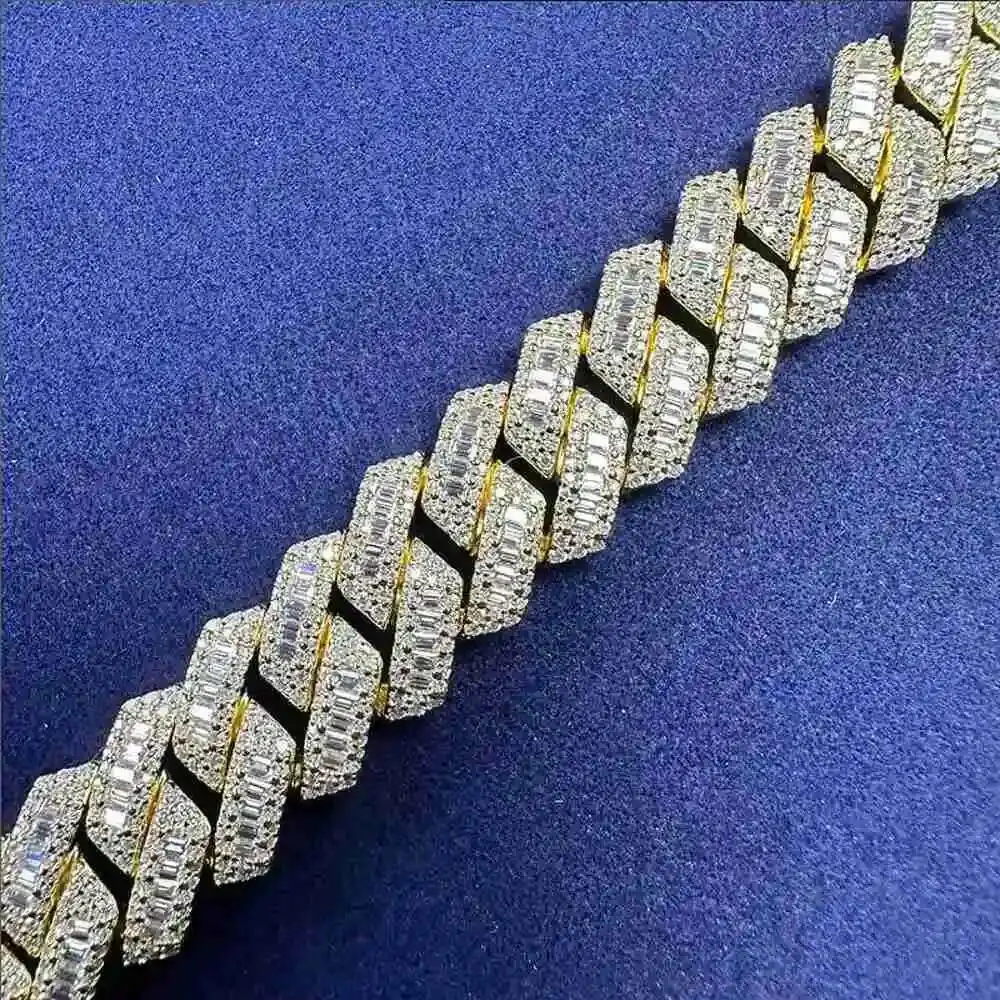 

Elegant 13mm Moissanite Cuban Link Chain Necklace Pure 925 Silver Sterling with 10k Gold Accents