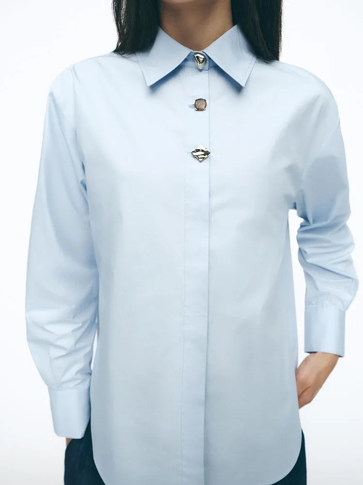 

Spring New Arrival Women's irt Simple Long Sve Turn-down Collar Patchwork Button Decorated Silk Straight-cut Street Sle