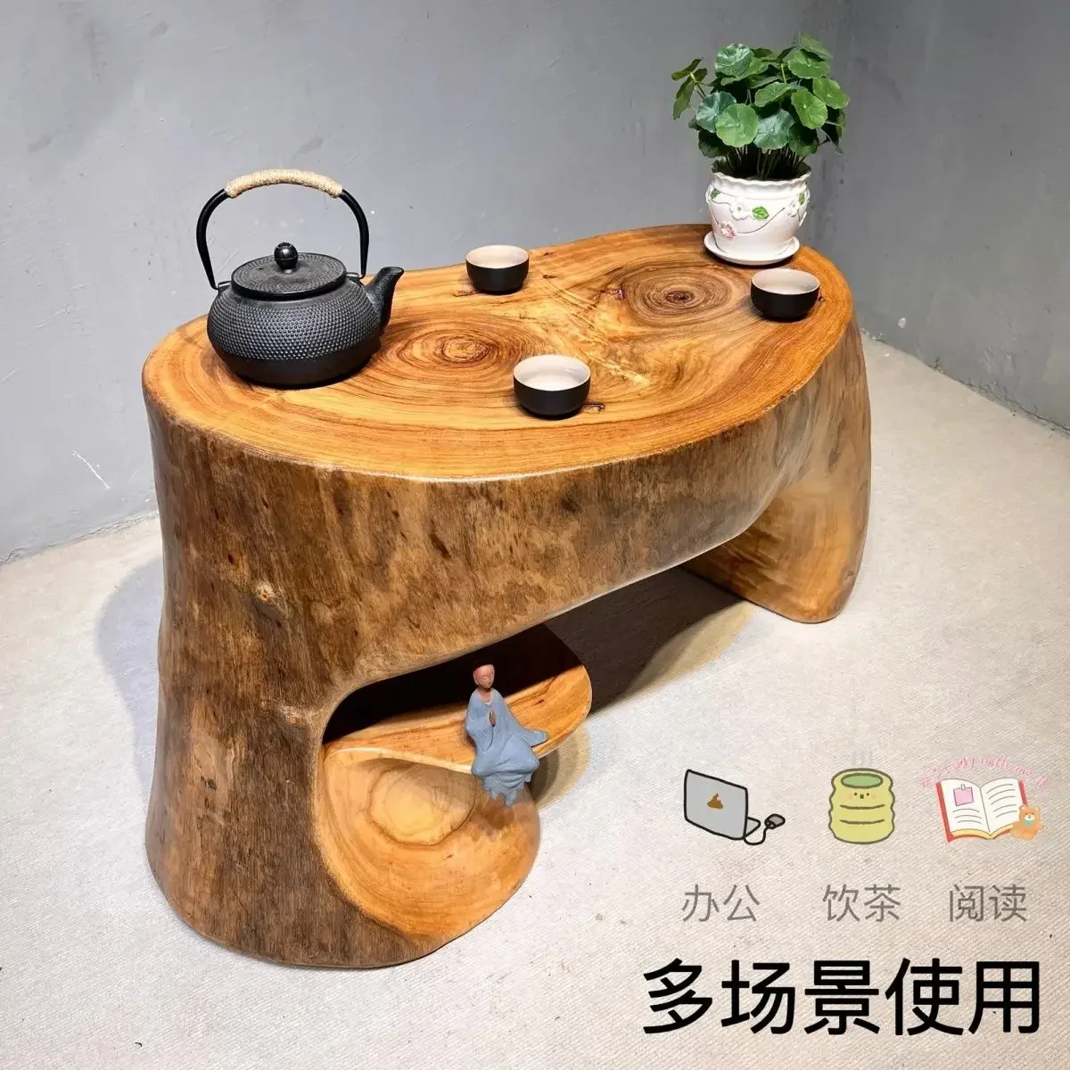 Root carved tree stump tea table Solid wood coffee table, balcony table Flower rack, fish tank base, storage rack