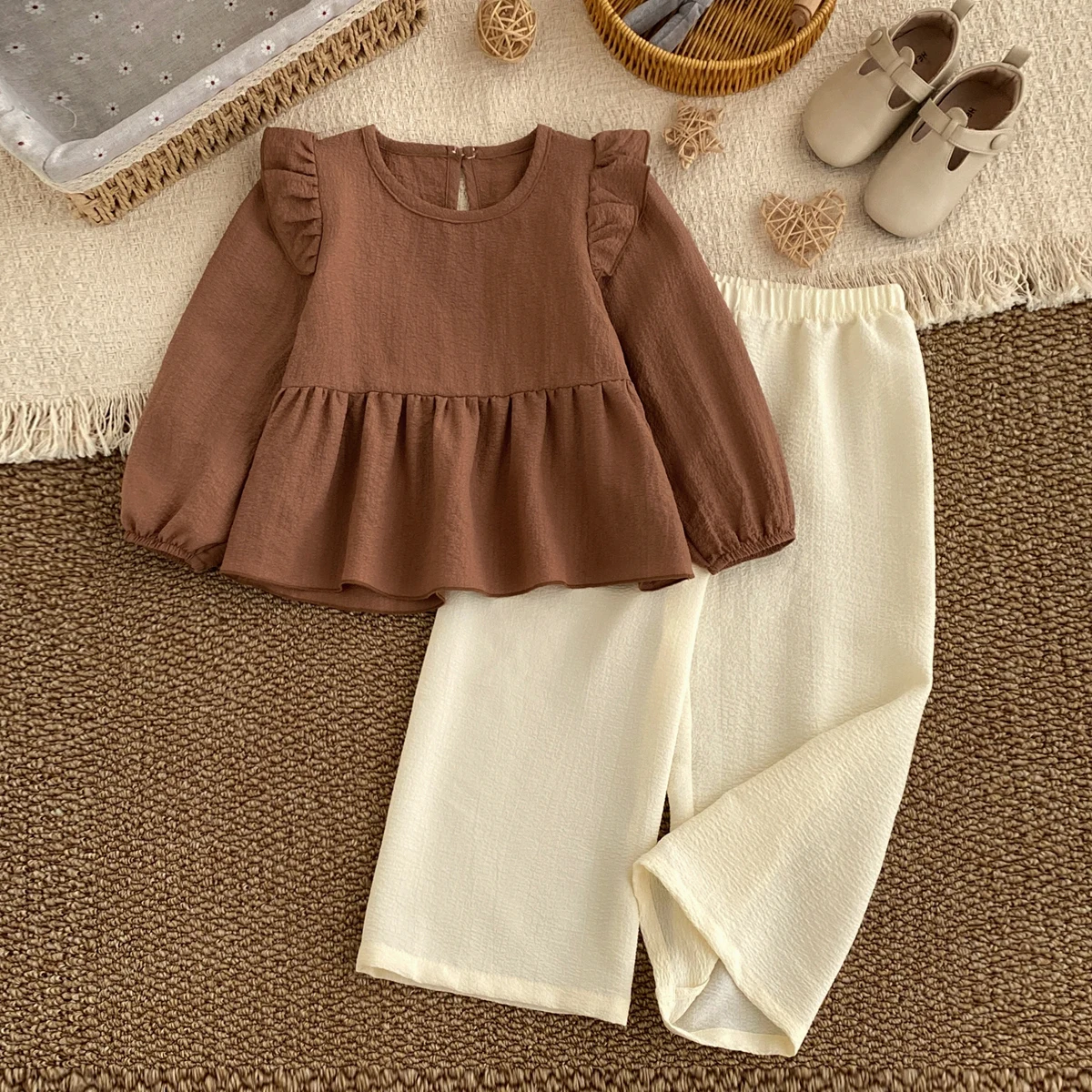 Children’s Autumn set Stylish Puff-sleeve Doll Shirt And Wide-leg Pants Premium Casual Outfit