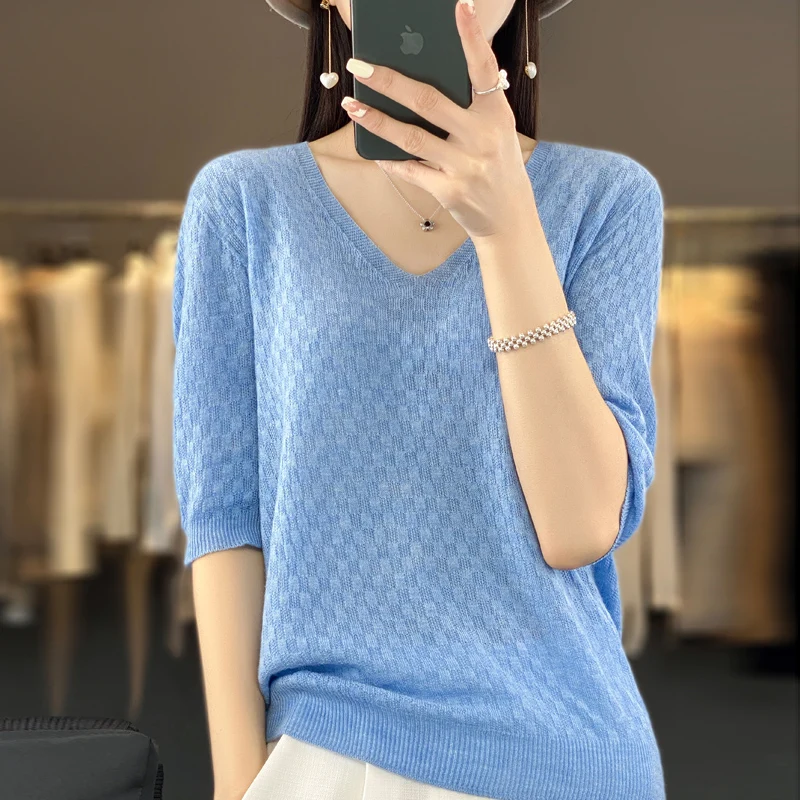 Spring and summer short sleeved women\'s cashmere sweater short sleeved pullover short sleeved T-shirt knitted sweater T-shirt