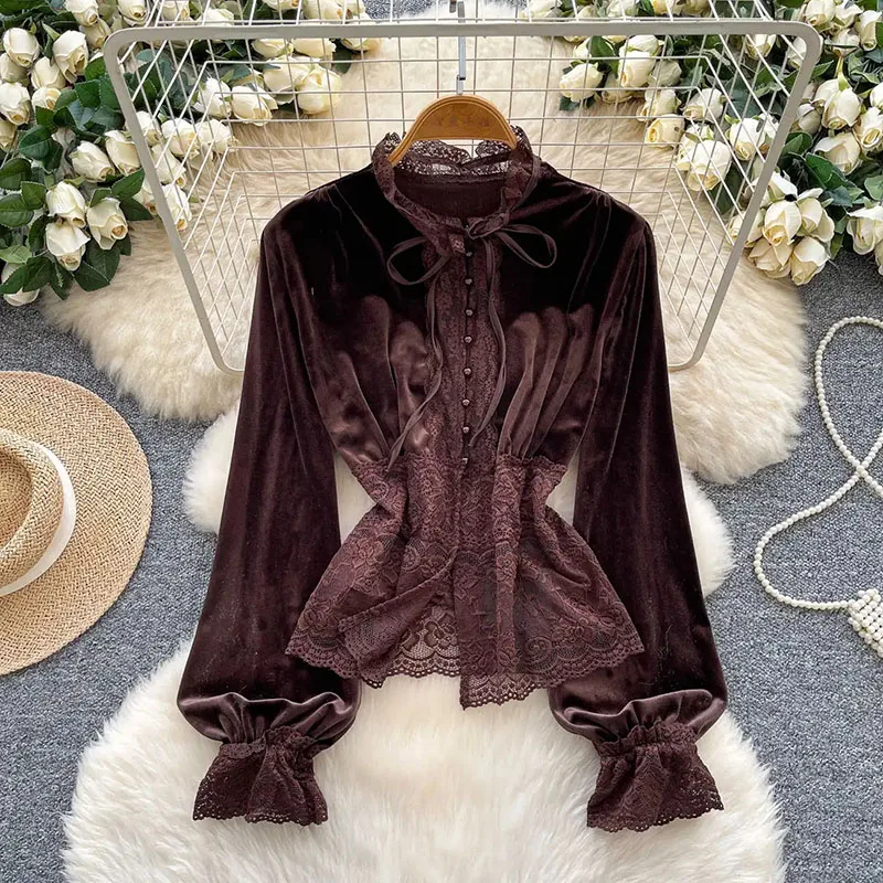

Lace Velvet Court Blouse Pearl Button Patchwork Slim Bow Elegant Tops French Style Vintage Women Evening Party Shirt