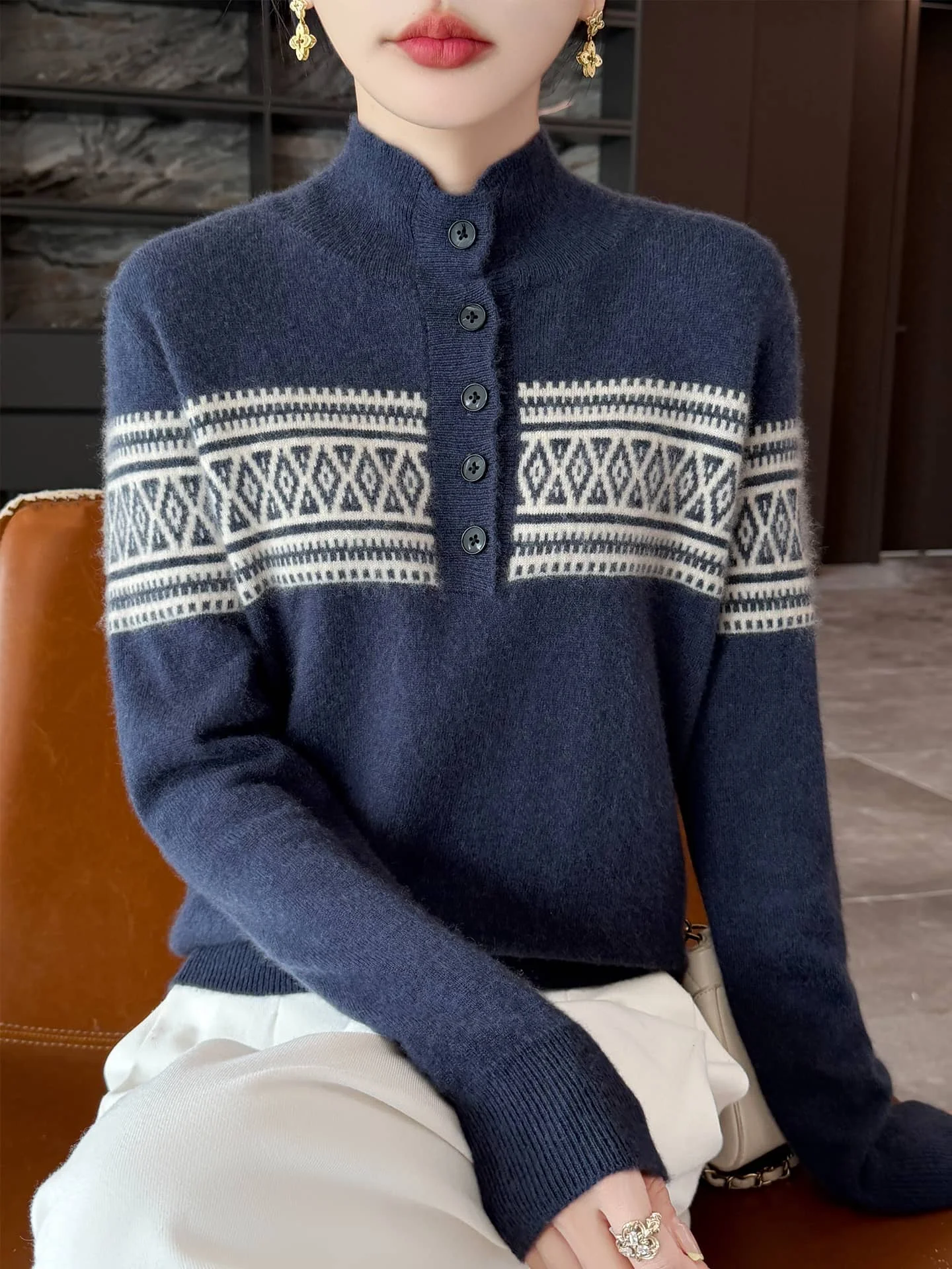 100% Merino Wool Women Half Button Pullover Sweater, Fair Isle Jacquard Knit Long Sleeve Stand Collar Jumper for Autumn Winter