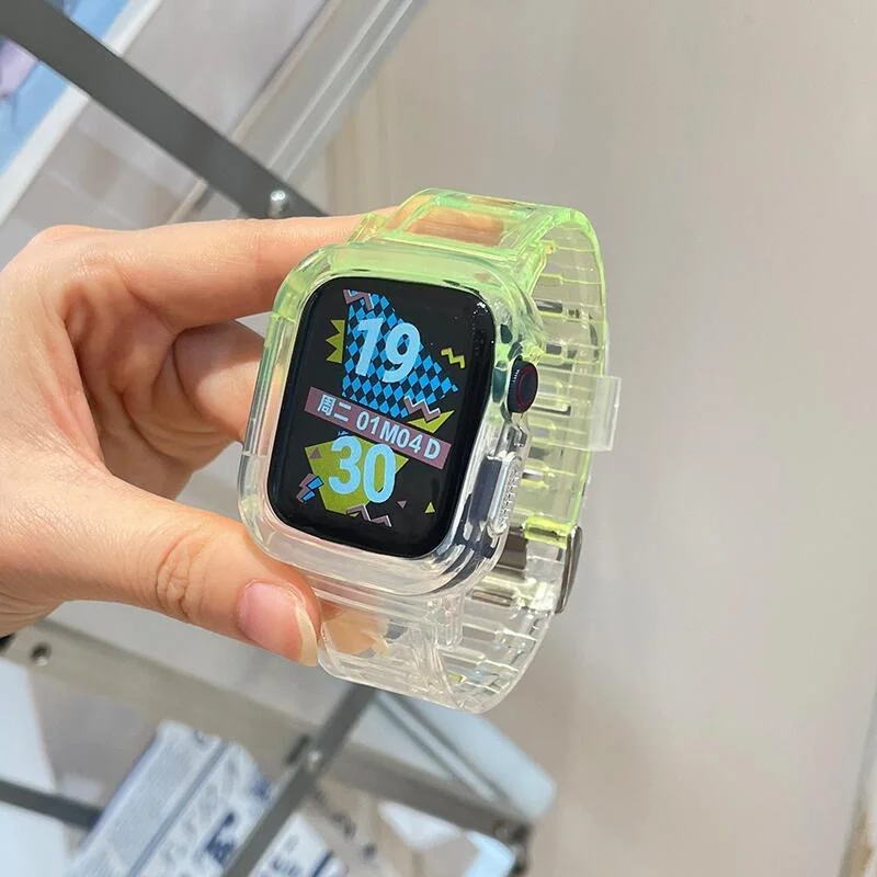 แถบบล็อกสีน่ารัก + เคสเหมาะสำหรับนาฬิกา Apple ซีรี่ส์8 7 6 SE 5 45มม. 44มม. 42มม. 41มม. โปร่งใสสำหรับ iWatch 3 38มม. 40มม.