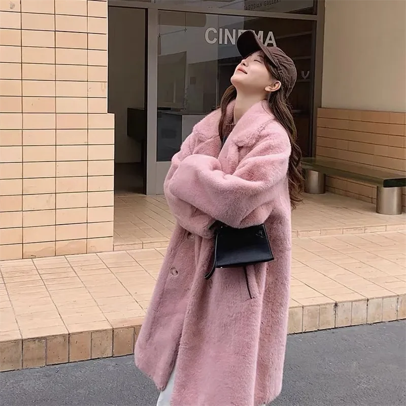 2025 Autumn Winter New Loose Environmentally Friendly Rabbit Fur fur Coat Long Thick Warm Temperament Loose Suit Collar Coat