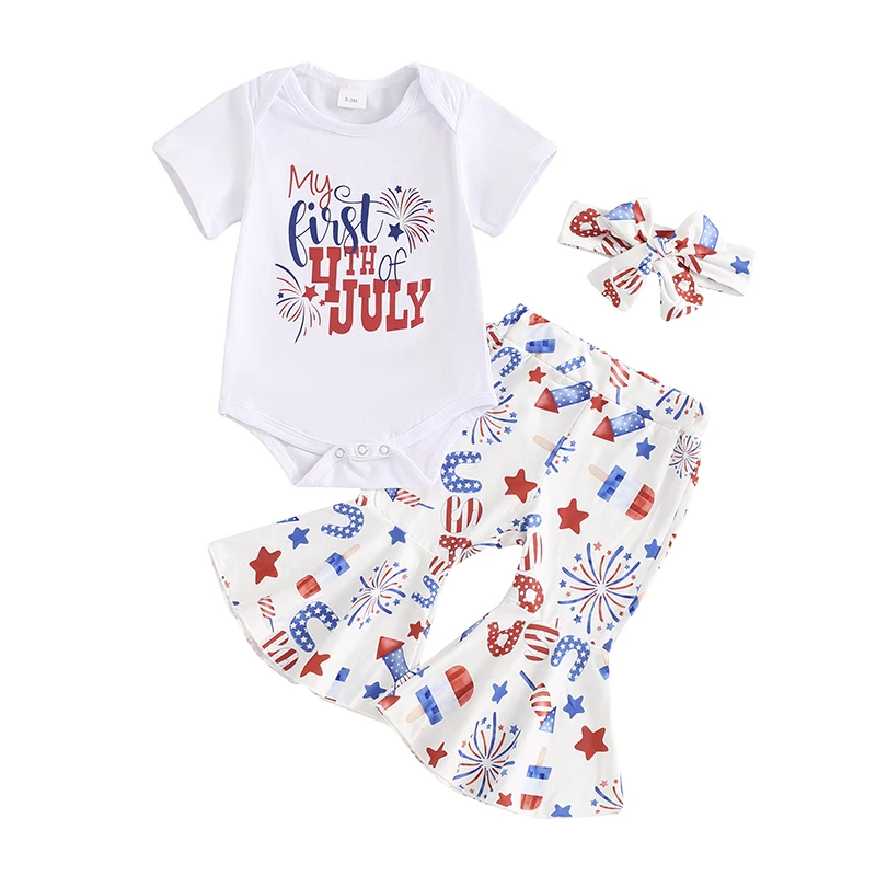 

Baby Girl 4th of July Outfit Letter Print Short Sleeve Romper with Fireworks Pattern Flare Pants Headband 3Pcs Outfit