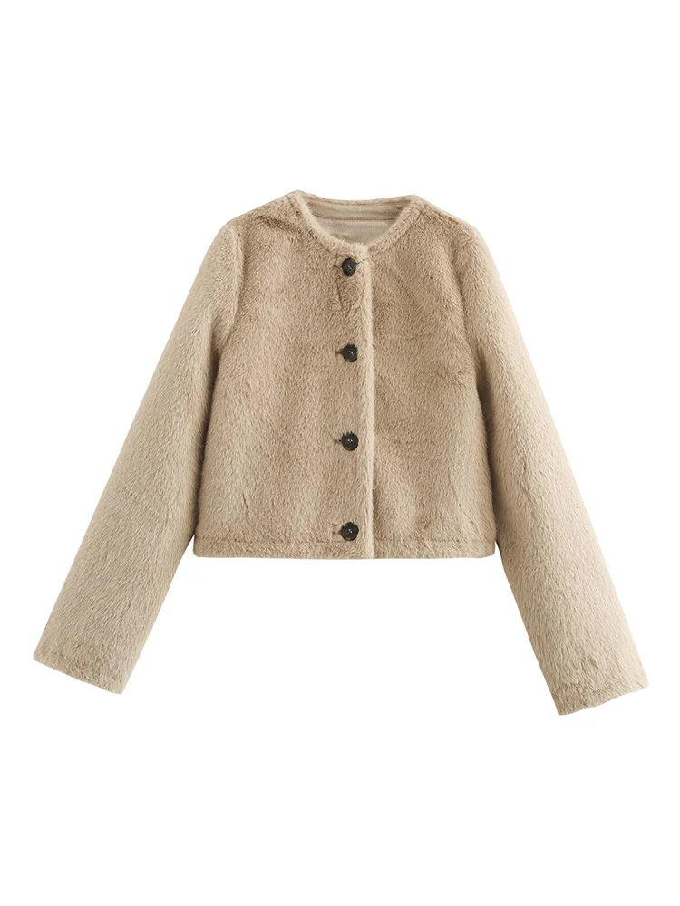 女性用シックなフェイクファーショートジャケットコート、秋の新作、長袖、シンプルな通勤スタイル、Oネック、ファッショナブルな女性用ボタンアップ暖かいコート