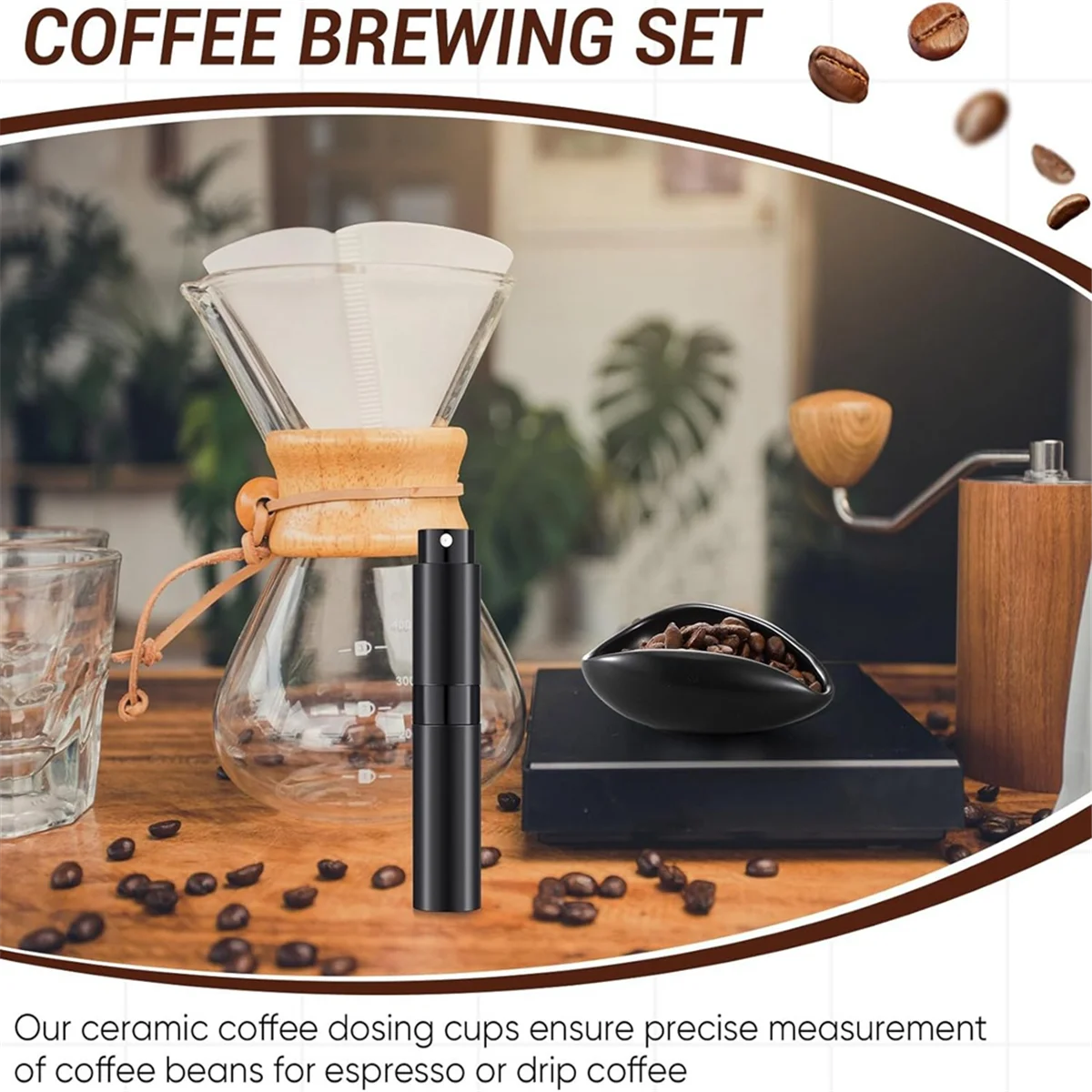 HOT Coffee Bean Dosing Cup and RDT Spray Bottle and Spoon 3-Piece Set, Coffee Bar Accessories, Ceramic Dosing Vessels Black