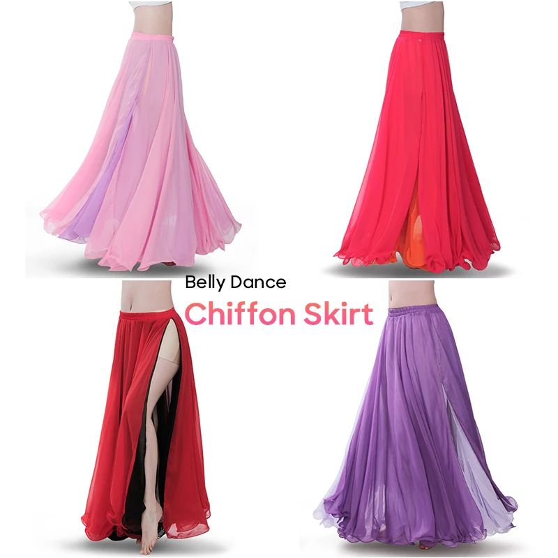 Traje de dança do ventre terno saia de chiffon dupla altura fenda para mulheres saias laterais duplas terno de dança roupa de desempenho de palco