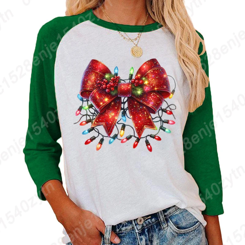 Christmas Light Bow Print Three Quarter Sleeve Shirt For Women Creative Round Neck Seven Sleeves Shirt Ladies Summer Soft Shirts