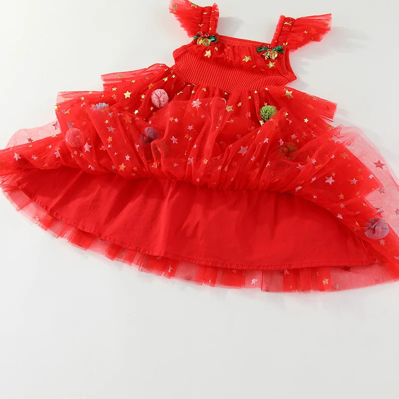 Weihnachts-Schwestern-Partnerlook: Ärmelloses Rüschen-Schulterkleid mit Weihnachtsbaum-Motiv für Mädchen (0-6 Jahre) – Detail 10