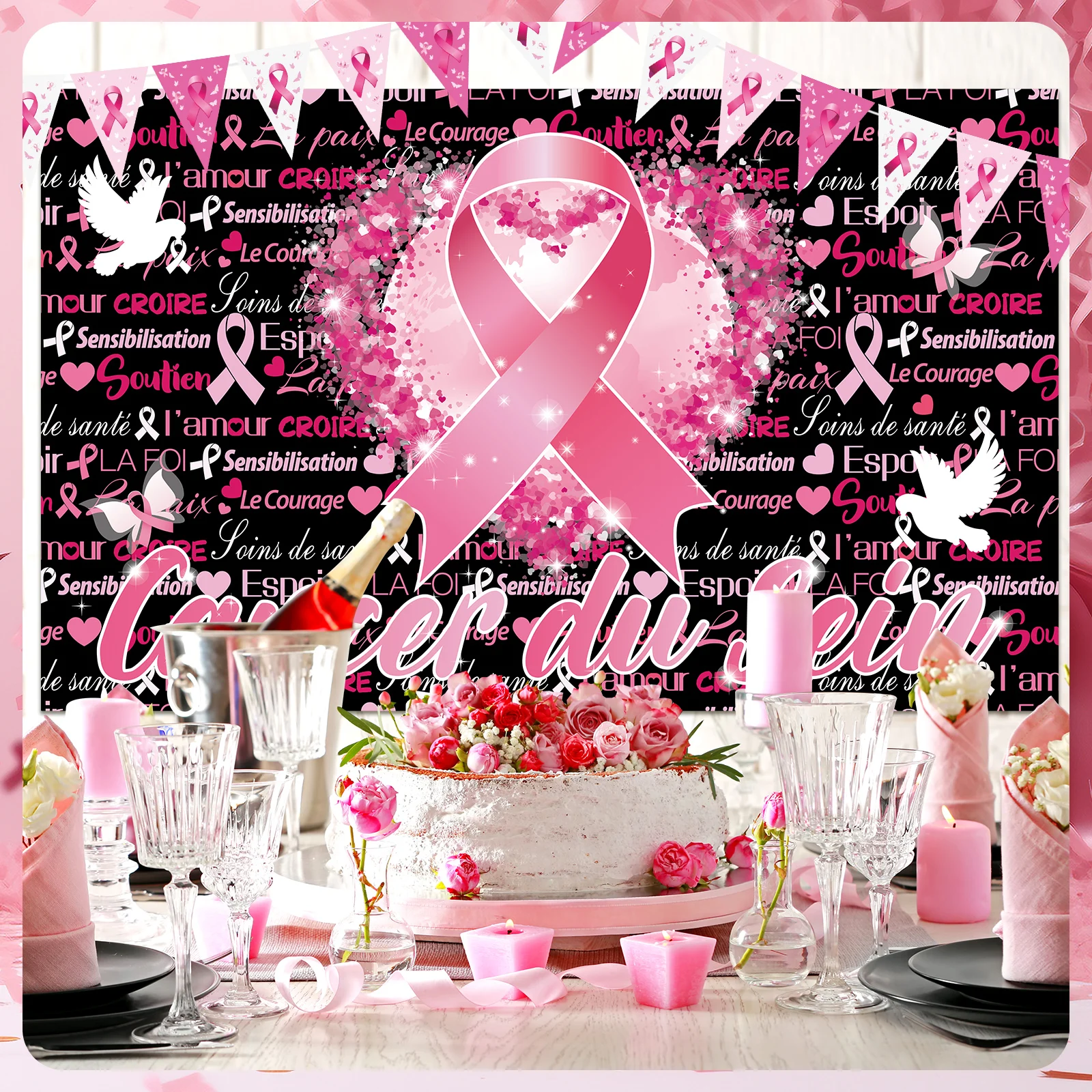 Spanduk Kesadaran Kanker Payudara, Pita Oktober Merah Muda, Latar Belakang, Harapan, Iman, Kekuatan, Keberanian, Bendera Segitiga, Dekorasi Untuk Kesehatan