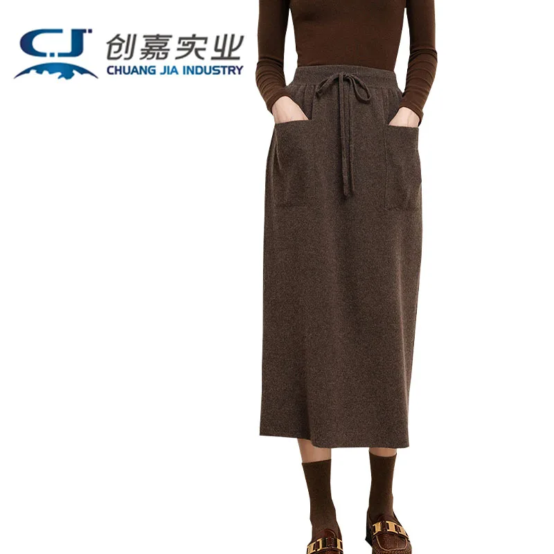 Autumn Winter Cashmere Skirt Knitted Wool Double Pocket Lace-up A-line Skirt Casual Outdoor Style Women's Dress Good quality