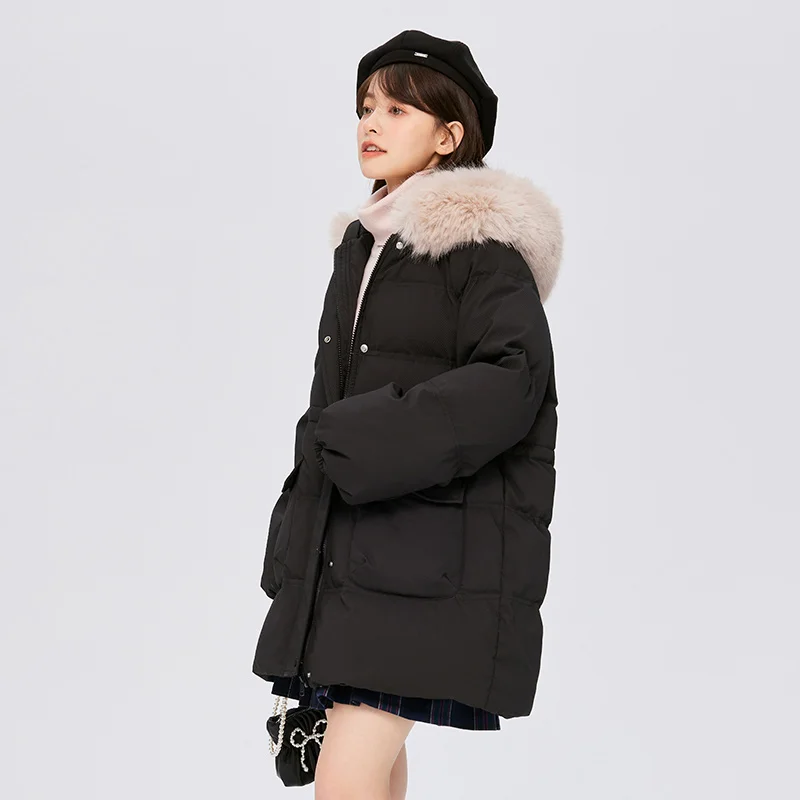 Semir Down Jacket Women Mid-Length Fur Collar Hooded 2023 Winter New Drawstring Loose Texture Thick Top