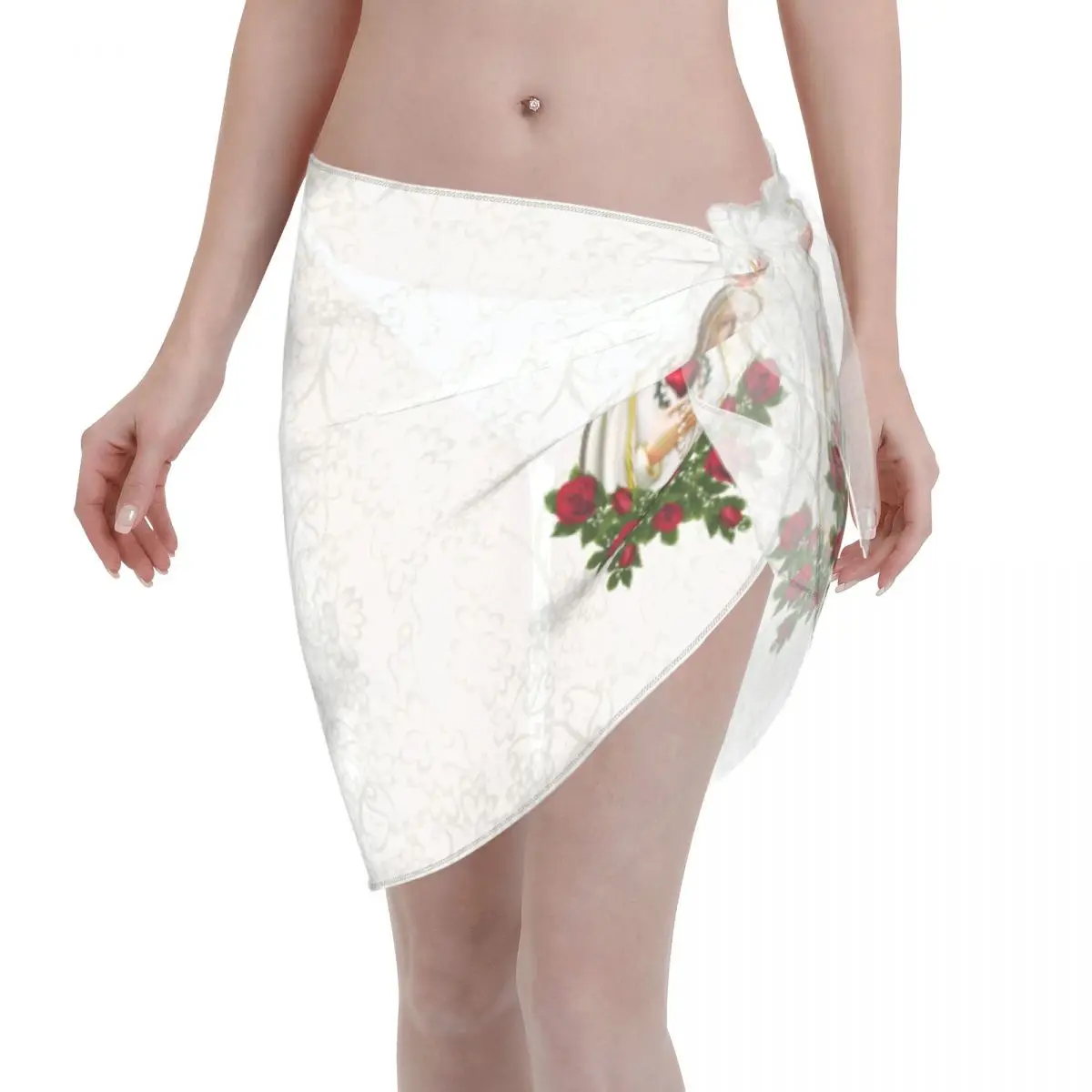 

Женские короткие саронги Девы Марии на заказ, пляжная накидка, четки, католические для купальников, пляжное бикини, платья с запахом, купальник, накидки