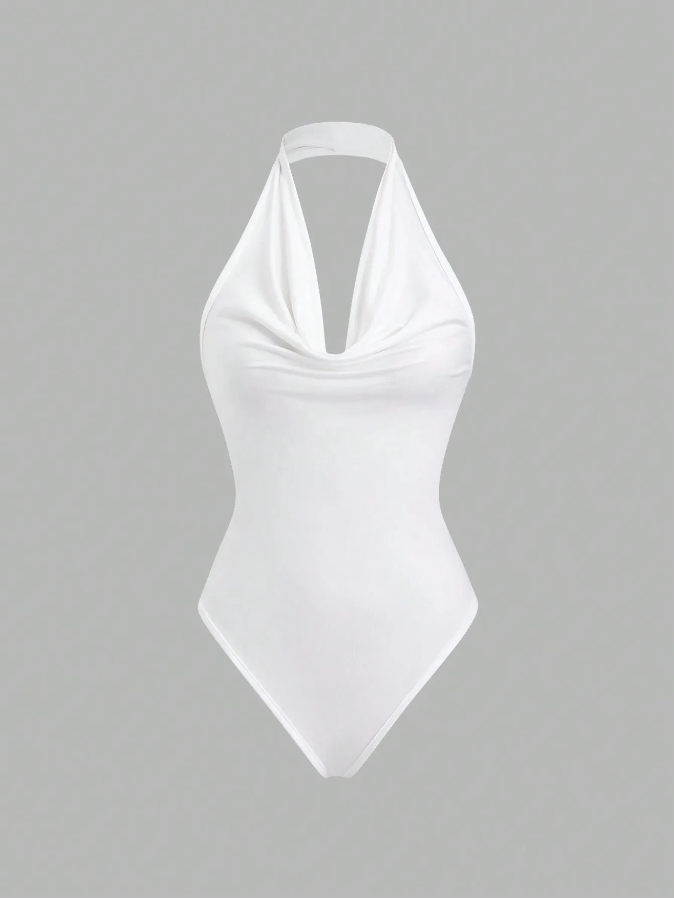 

Women's White Halter Neck Cowl Front Bodysuit with High Stretch
