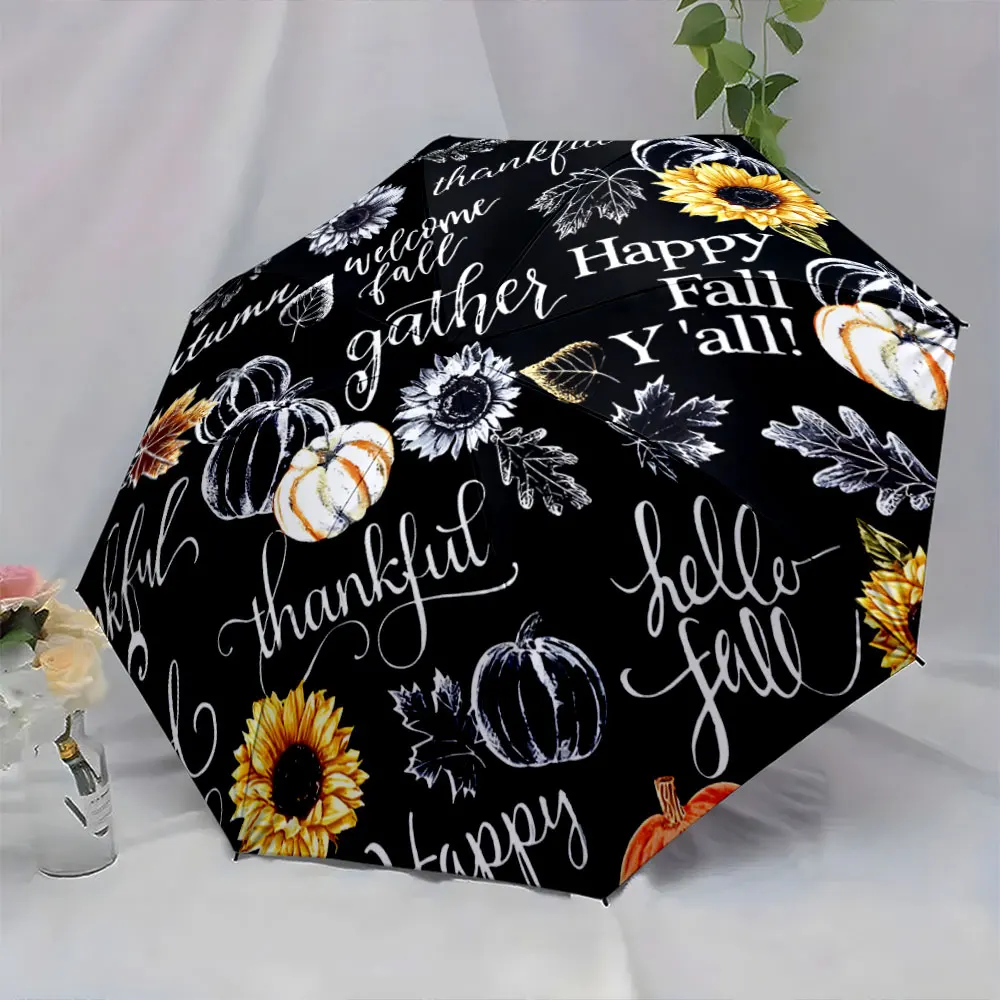 1PC Festive Fall Umbrella with Pumpkins and Sunflowers Print 8 Iron Ribs Folding Umbrella Auto-Open Fashion Sunshade