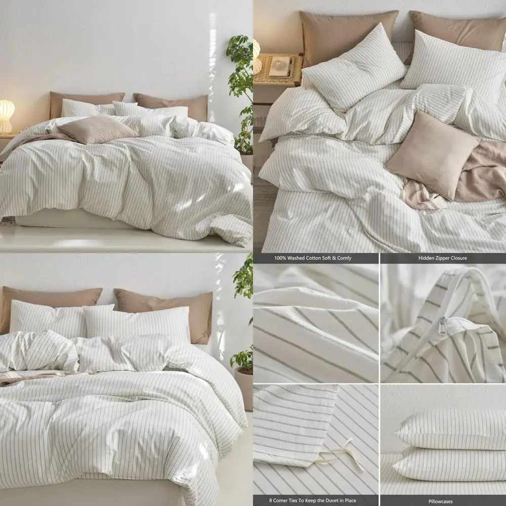 

100% Cotton Washed Linen Texture Duvet Cover Set - Breathable, Durable, Soft Comfort in White Sage Green Stripes with Wide Strip