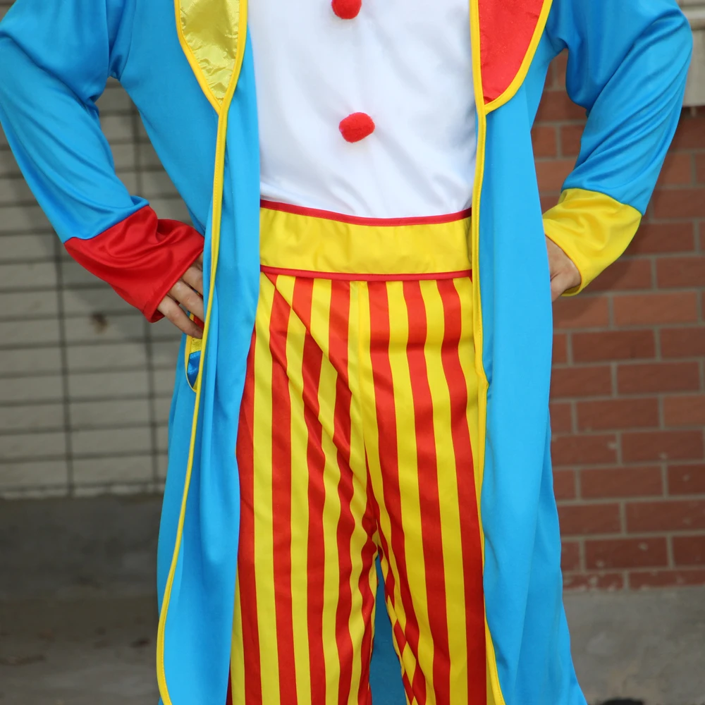 Roupa engraçada do palhaço do circo com máscara e sapatos e peruca para adultos, fantasia divertida, festa de carnaval, performance de palco