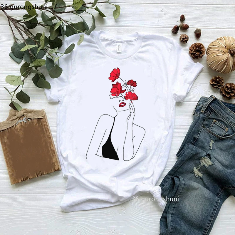 Woman With Flowers Minimal Line Art, Modern Flower 90s Girls T-Shirt Fashion Women'S Clothing Harajuku Aesthetic Tee Shirt Femme