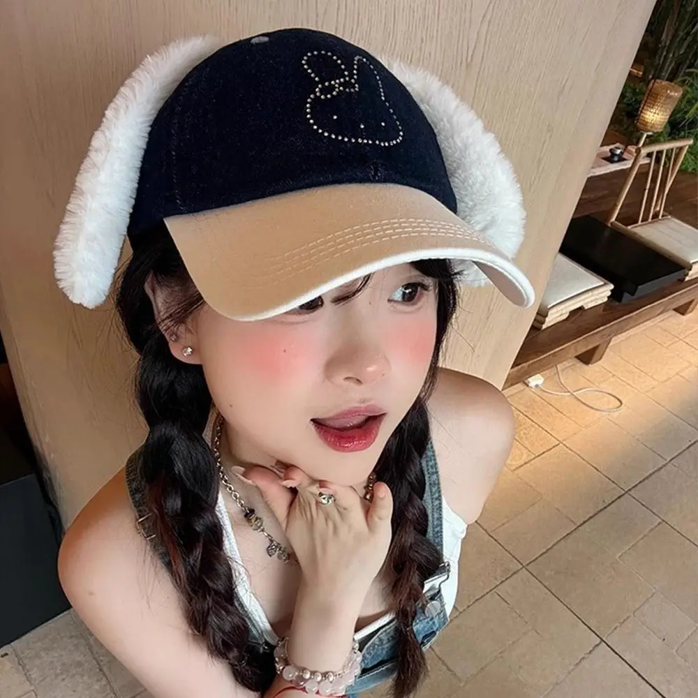 

Fashion Cute Baseball Cap Y2k Plush Rabbit Ear Peaked Cap Versatile Rhinestone Visors Hat Outdoor