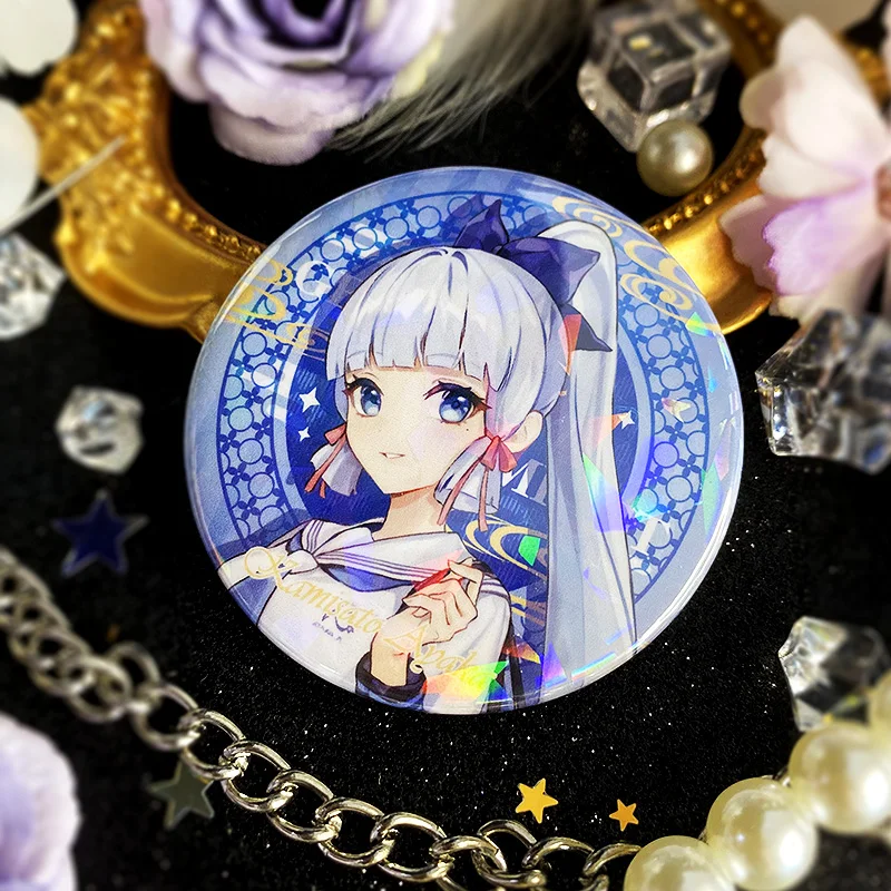 Anime Genshin Impact Kamisato Ayato Kamisato Ayaka Cosplay Round Laser Metal Badge Brooch Pins Pendant Toy Button Souvenir Gift