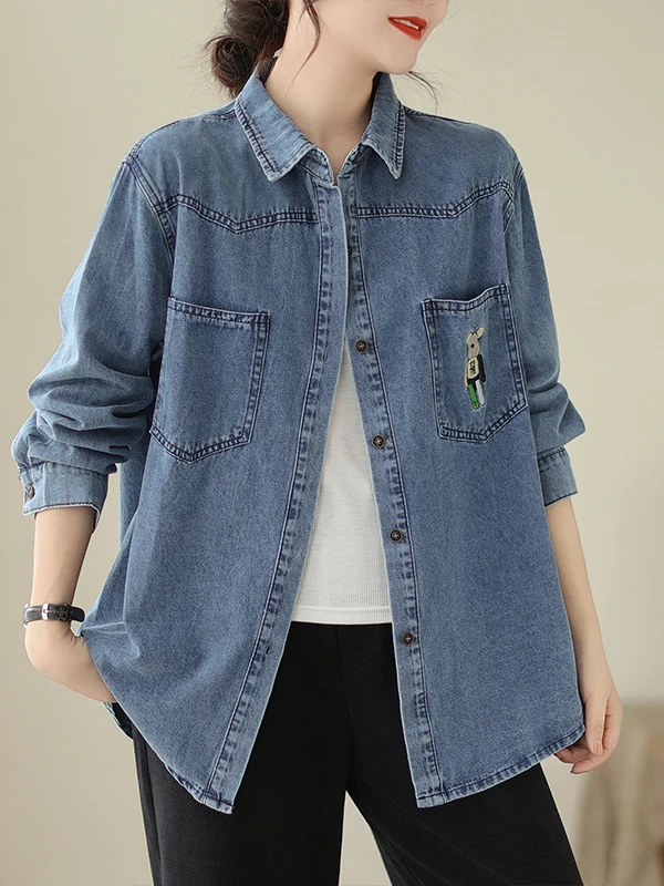 

Retro Embroidered Long Sve Denim irt Loose Casual Versatile American Thin Large Size Open Cardigan ort Jaet