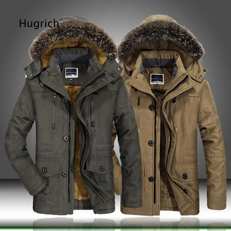Mens Autumn Winter Mid Length Hooded Fleece Lined Cotton Coat Plus Size Warm Outerwear Hooded Jacket Suitable For Middle Aged M