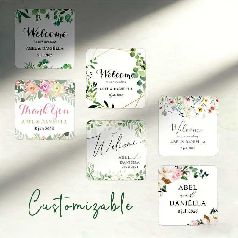 

Personalized square label stickers, custom names for wedding stickers, and thank-you stickers for bridal showers