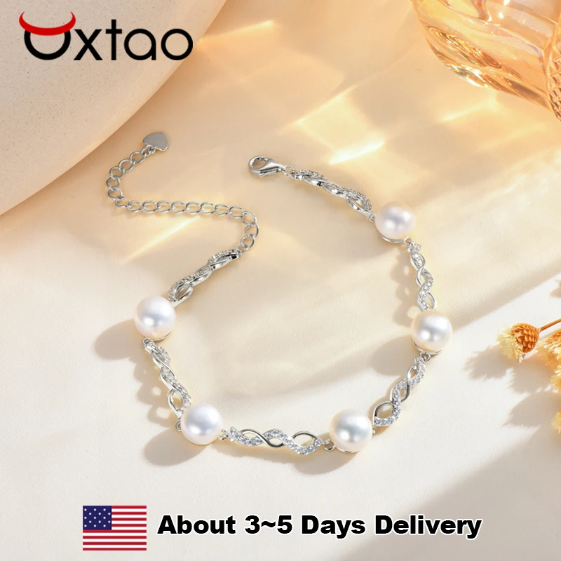 

OXTAO Elegant 925 Sterling Silver 8mm White Pearl Bracelet For Women Fashion Simple Pearl Beads Chain Bracelets Jewelry Gift