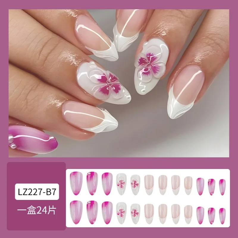 

24Pcs Fashion Purple&White 3D Flower Press-On Nails Almond Shaped Glossy French Nail Tips for Daily Wear Suitable for All Ladies