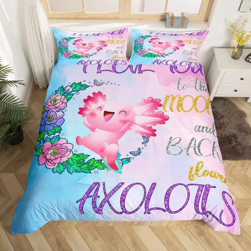 Cartoon Axolotl Duvet Cover Set King/Queen Size Kids Girls Boys Cute Rainbow Sea Wildlife Animal Reptile Polyester Bedding Set