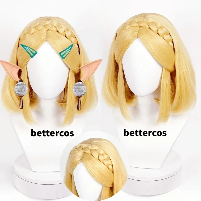 Princess Zelda Cosplay Wig Short Golden Braided Heat Resistant Synthetic Hair Wigs   Wig Cap   Ears