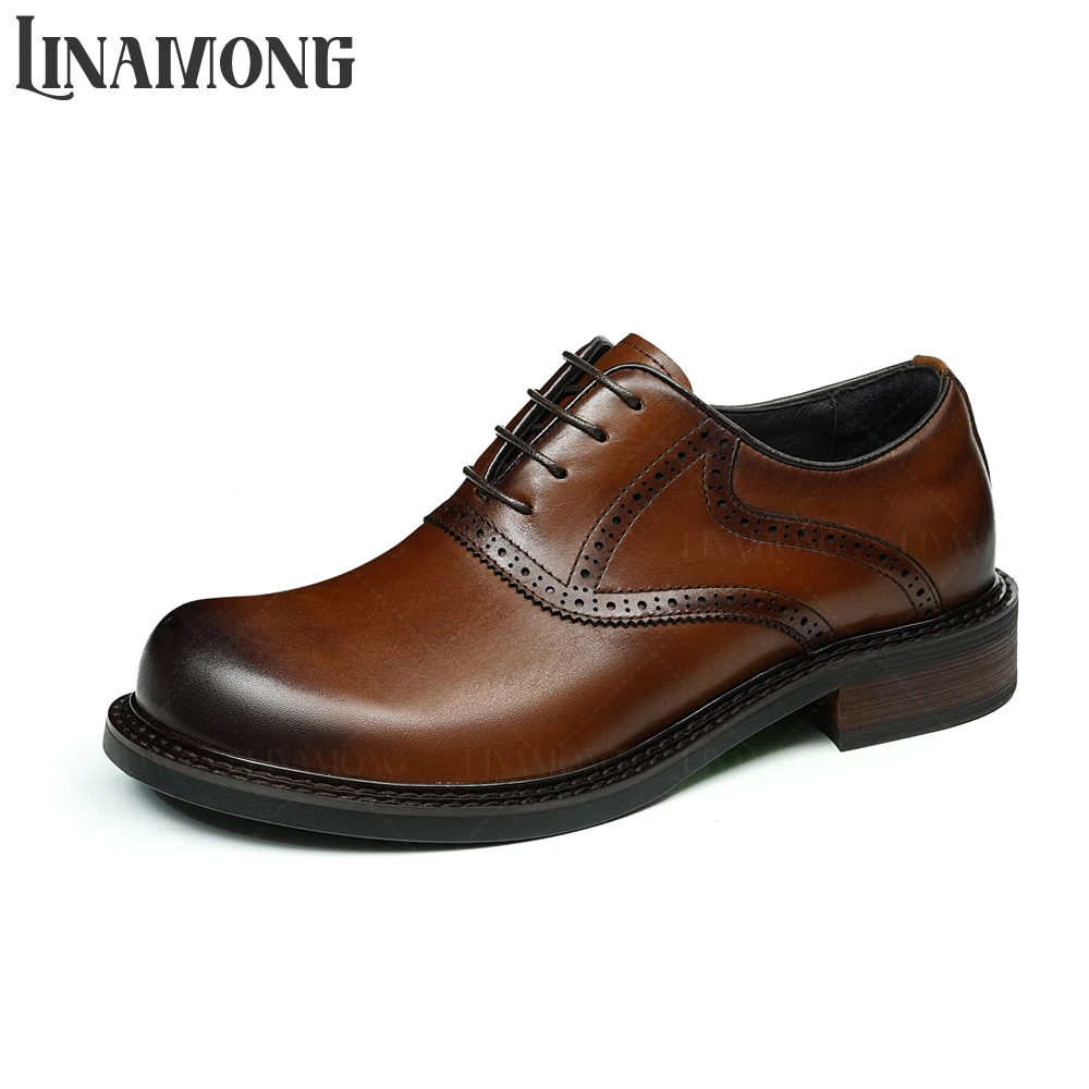 

Big Round Toe Business Dress Shoes Cute Hand Polished Leather Shoes British Retro Carved Oxfords Genuine Leather Wedding Shoes