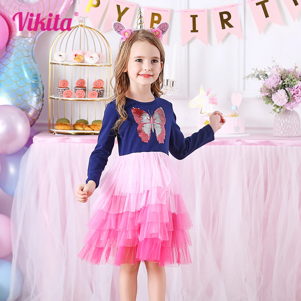 VIKITA Girls Butterfly Dress Children Wedding Party Princess Dress Clothes Long Sleeves Dresses Children Tutu Vestidos 3-12T