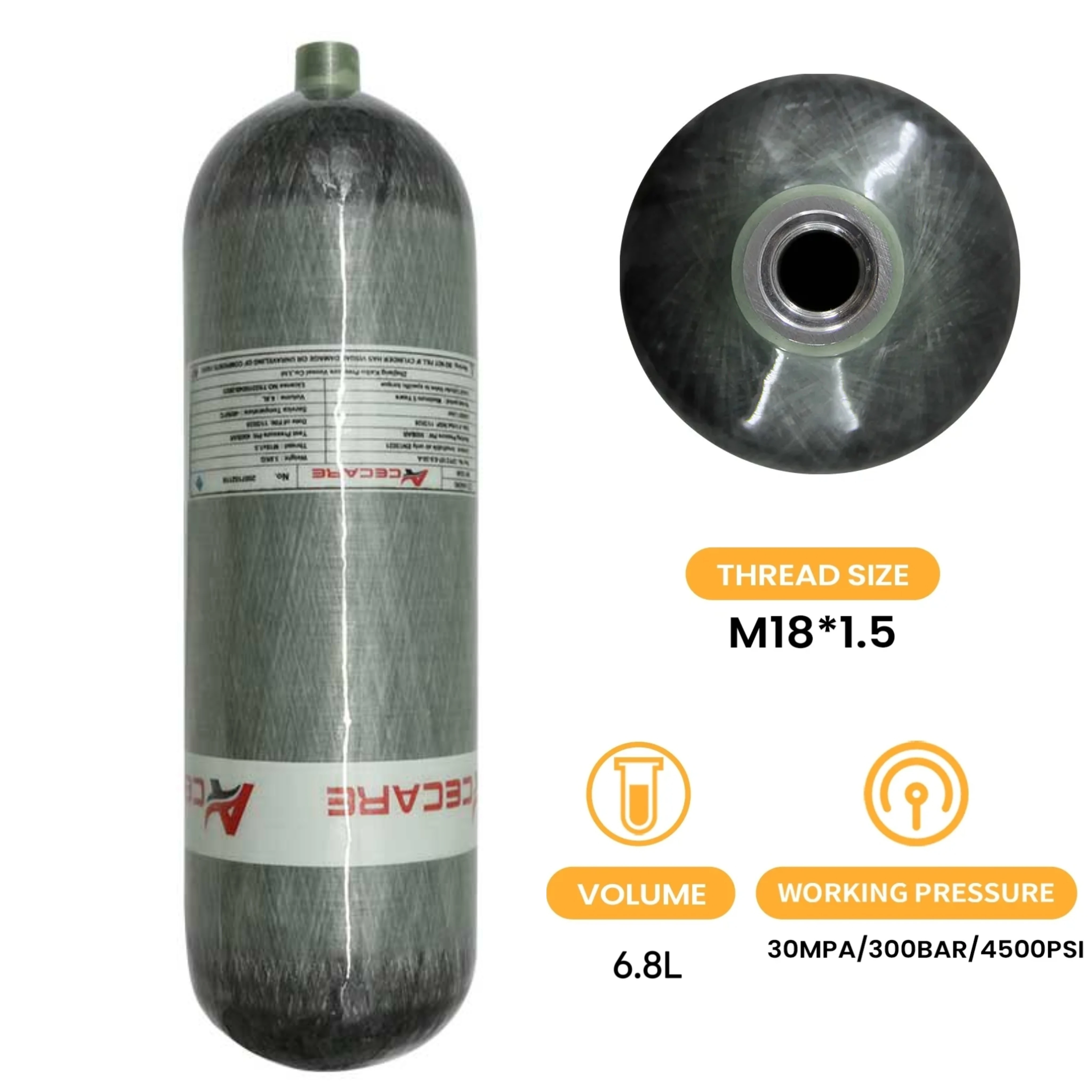 ACECARE 6.8L أسطوانة من ألياف الكربون HPA محطة تعبئة خزان الهواء 4500Psi 300Bar صمام تنظيم الغوص M18 * 1.5