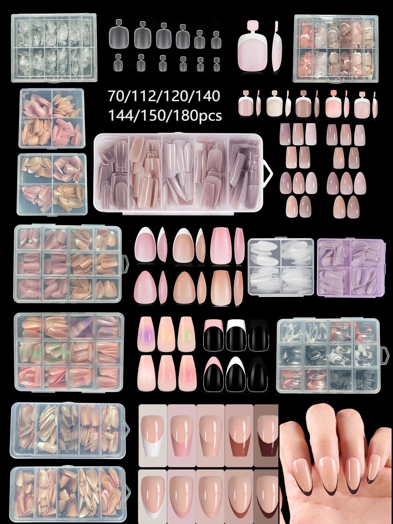 Multi colored mixed nail tips, almond shaped multiple types of nails, French style wearing nail toenail model duckbill, home DIY