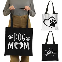 Dog Paws Heart Print Tote Bag Dog Mom Women Handbag Causal Eco Shopper Bags Ladies Reusable Shopping Bag Storage Handbags Gift