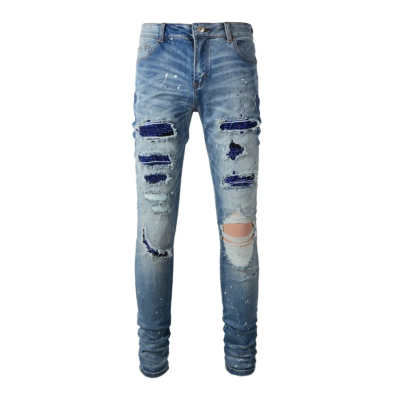 

Men's EU Drip Light Blue Holes Stretch Crystals Jeans Streetwear Rhinestones Patchwork Jeans