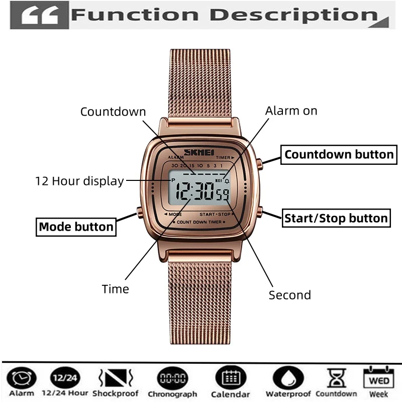 Skmei Women Bracelet Dress Watches Luxury Brand Stainless Steel Strap Fashion Waterproof Digital Chronograph Wristwatch