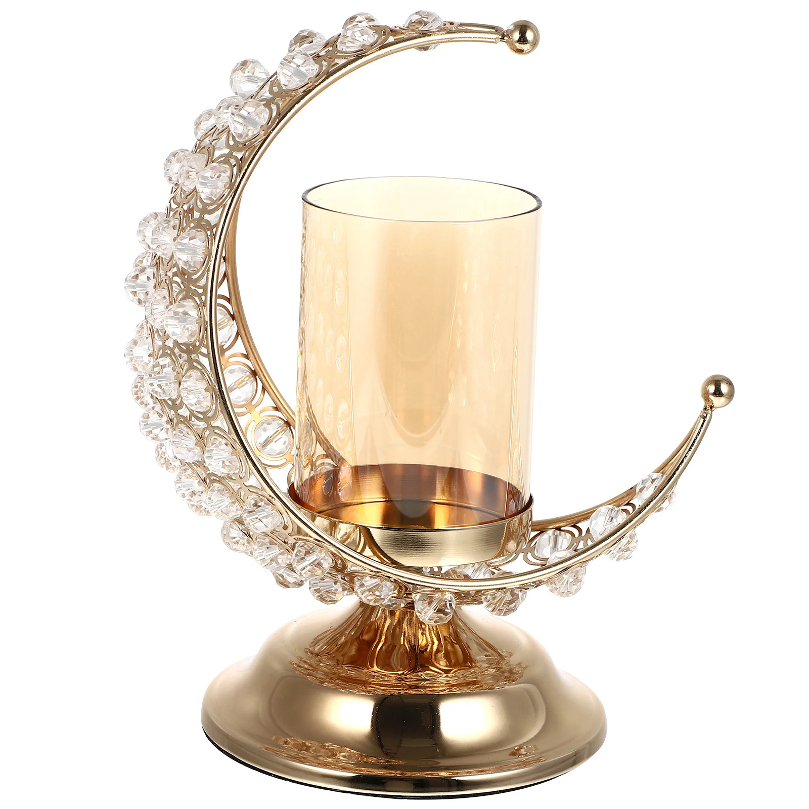 

1Pcs Ramadan Candlestick Moon Shaped Gold Plated Iron Glass Holder Tabletop Decorative Stand Eid Festival Home Ornament