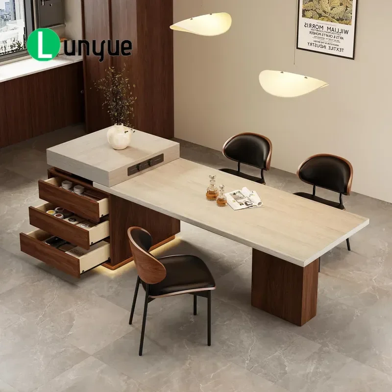 Travertine Rock Slab Island Dining Table Retractable Medieval Style Modern Simple Household Tea Table Multi Function High