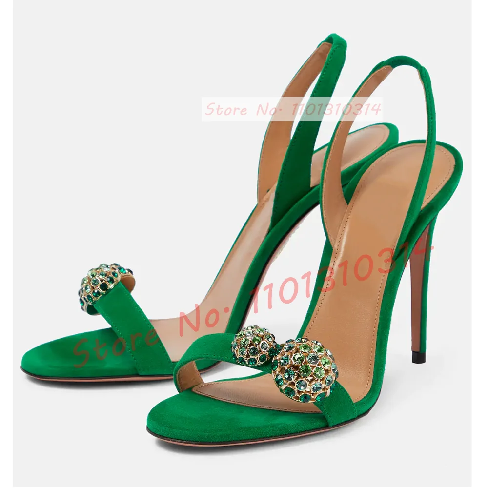 Green Gems sandali con cinturino posteriore donna Open Toe cristallo iridescente scarpe con tacco alto in pelle scamosciata estate donna Verzierte