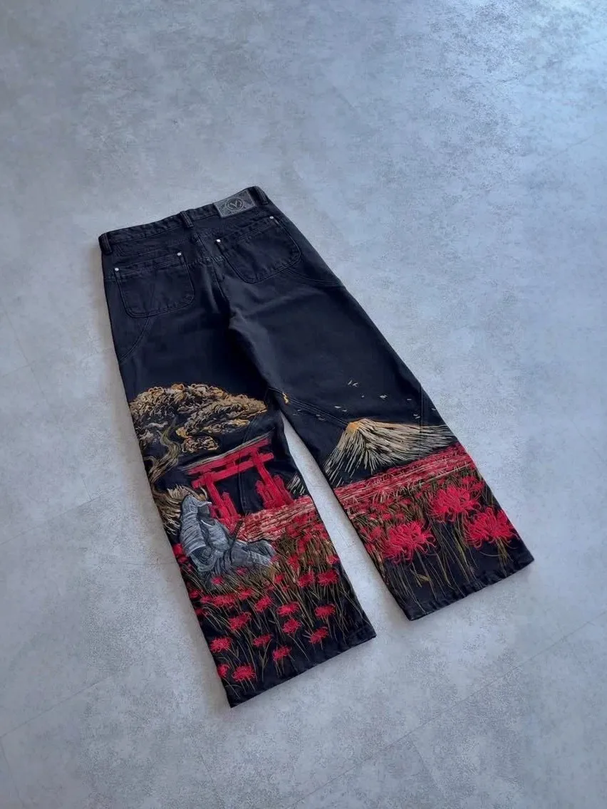 Heavy Embroidery Wide Leg Samurai Denim Jeans Women's Cross-Border Hip Hop Long Trousers Cotton High Waist Straight Cut