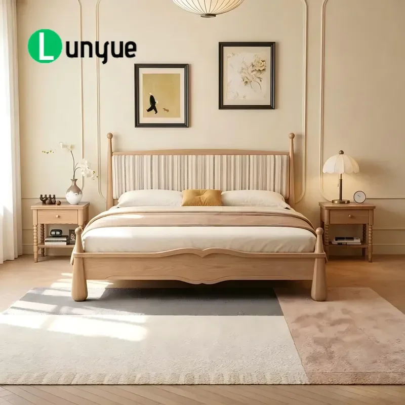 Luxury Medieval Modern Style Ash Wood Double Bed Frame Eco-friendly Durable Fabric Upholstered Headboard Striped Design for