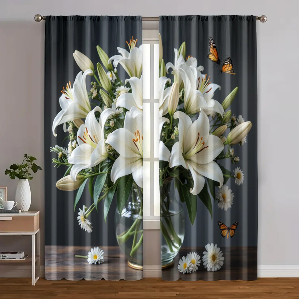 

2pcs, Curtain Fabric 2D print Lilies Durable 100% Polyester Fabric (without rod) Holiday Ldeal for Bedroom & Living Room,